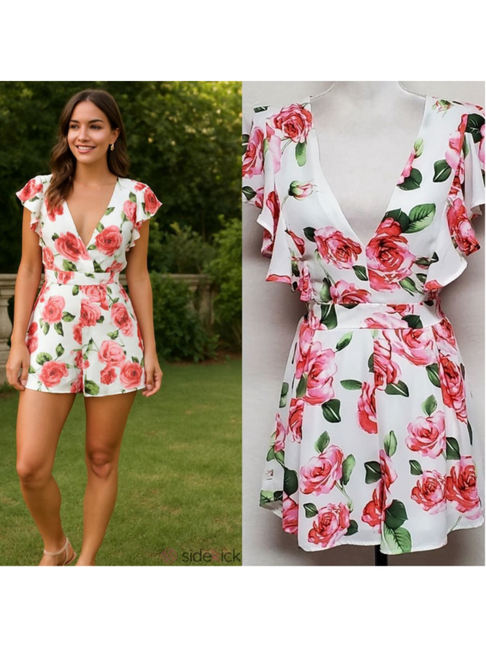 CHARLOTTE Russe Pink White Peonie Flutter Sleeve Tie Waist Flare Leg Romper L